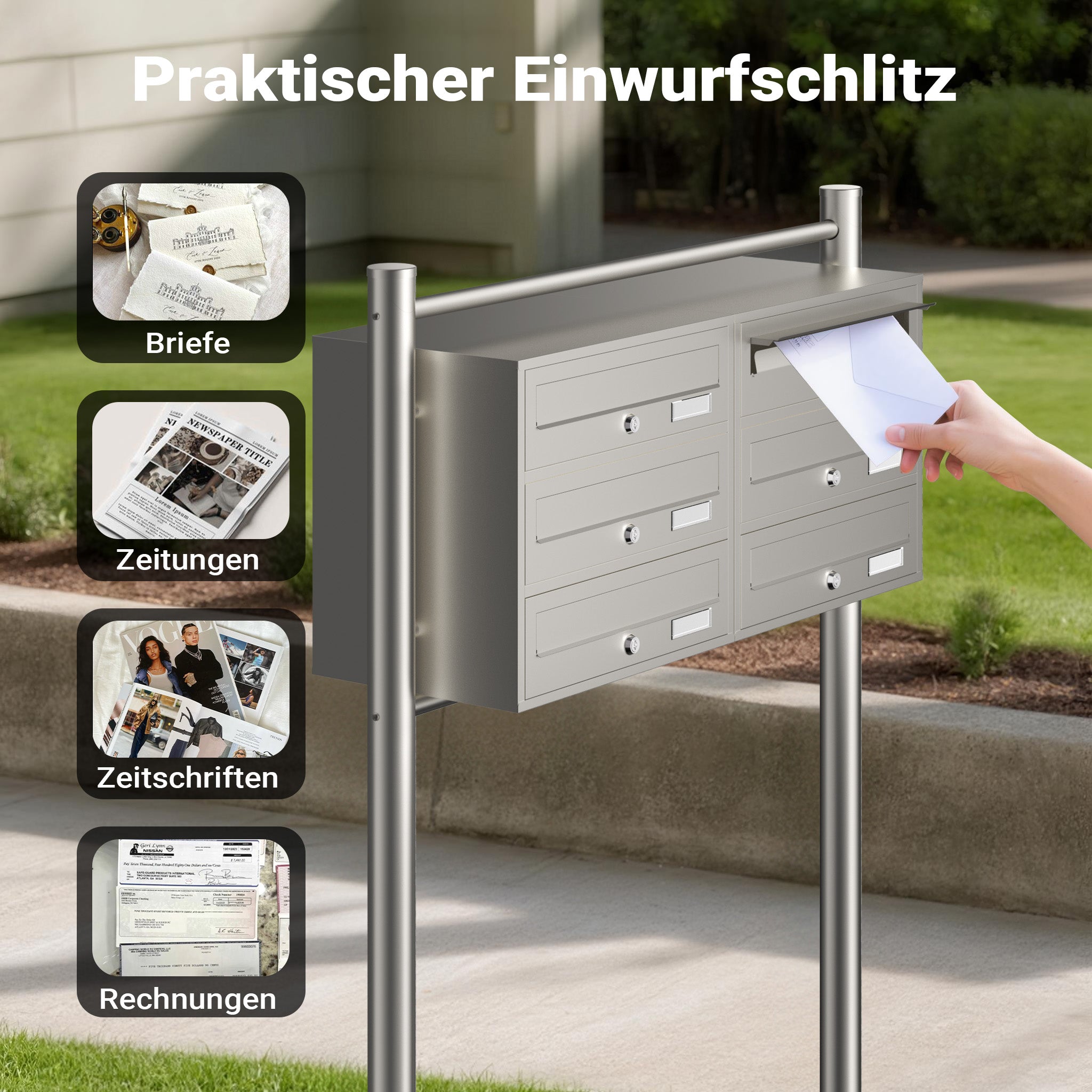 Cassetta postale condominiale autoportante, 6 posti, acciaio inox, 945 x 270 x 1200 mm, 2 moduli