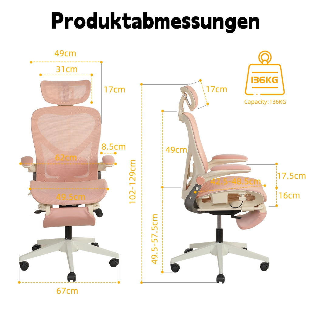Sedia da ufficio pieghevole ergonomica in rete con poggiatesta 3D e supporto lombare regolabile rosa