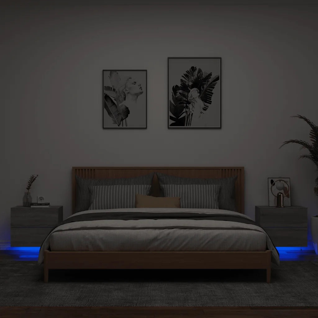 Set di 2 Comodini | Armadio da Notte | Mobiletto da notte a Parete con luci LED Grigio Sonoma
