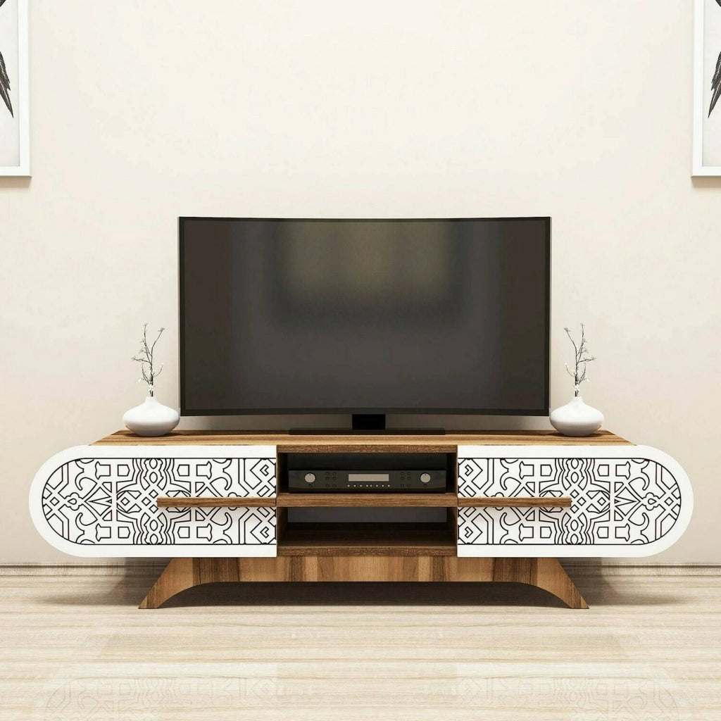 Mobile porta TV Matsu, Credenza da soggiorno, Armadio basso per TV, Base parete attrezzata, 145x37h37 cm, Noce e Bianco
