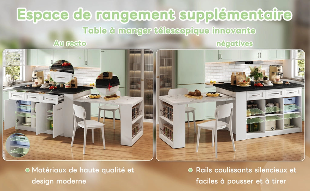 Isola cucina moderna con tavolo estraibile 150x90 cm, bianco, MDF effetto marmo