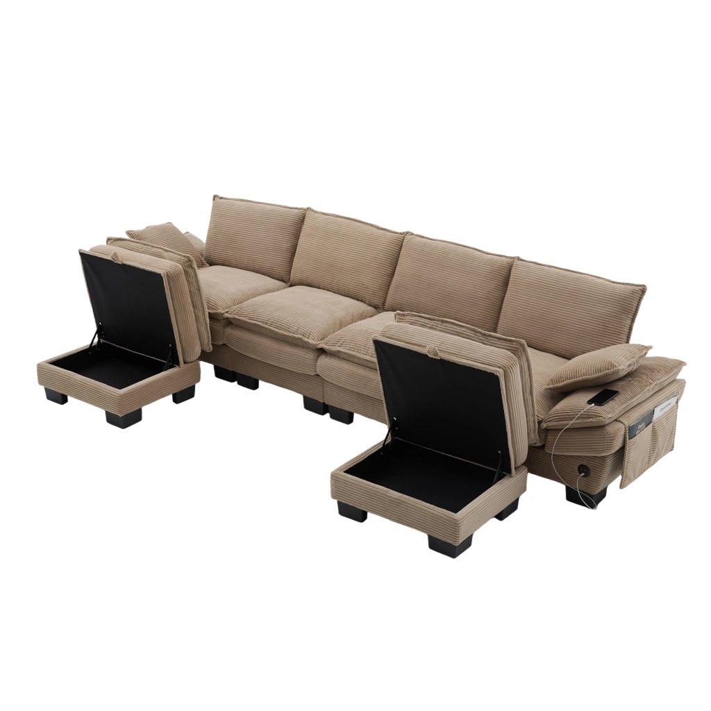 Divano Modulare 4 Posti in Corduroy con USB-C, Tasche Laterali e Pouf, Khaki, 330 × 132 × 84 cm