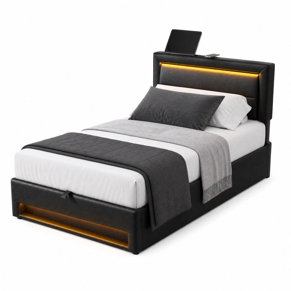 Letto imbottito 90x190 cm in PU nero con USB; LED; contenitore e rete a doghe