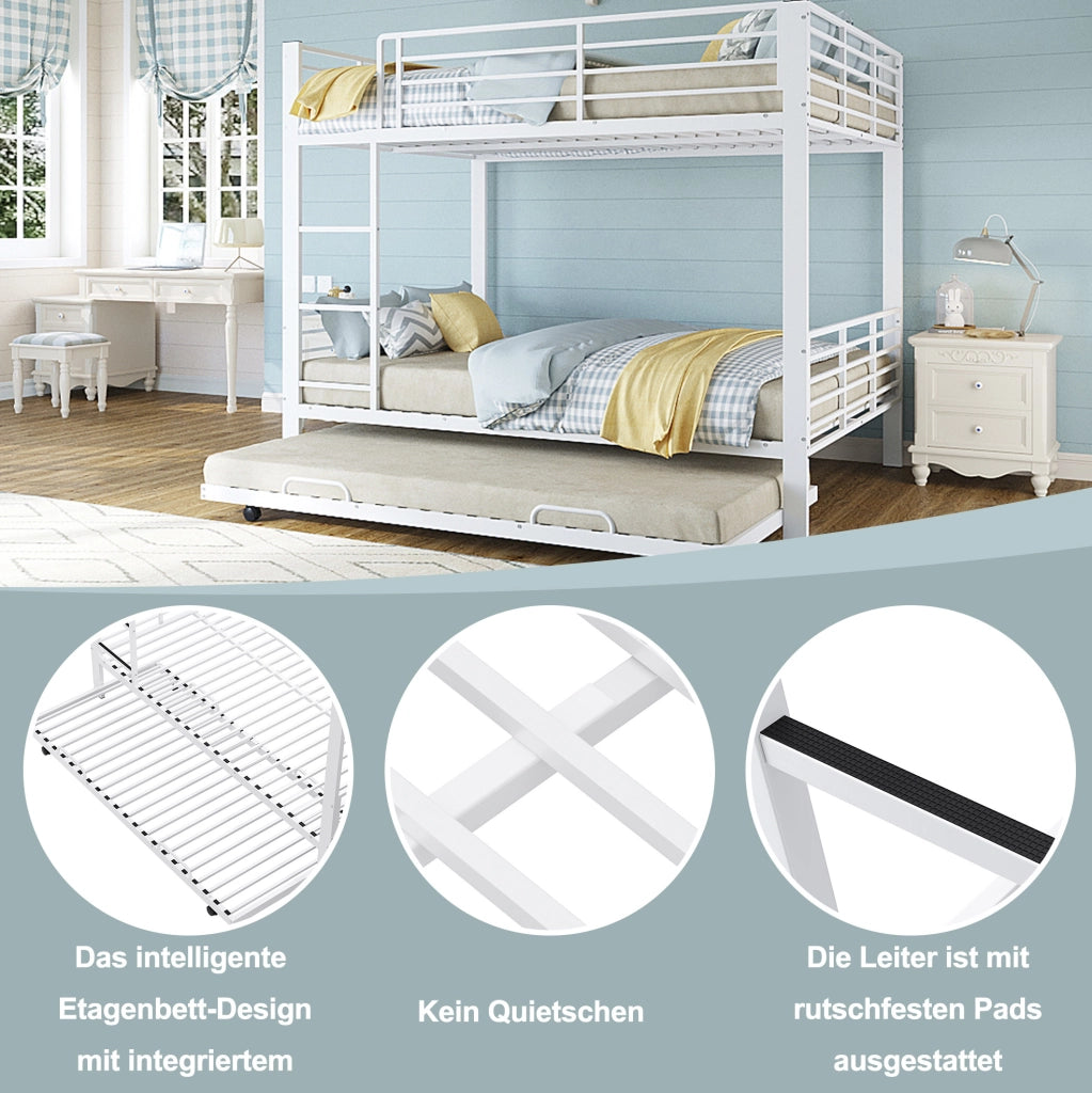 Letto a castello triplo con letto estraibile 205x145x170 cm in metallo bianco opaco