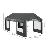Gazebo per Auto e Feste con Altezza Regolabile, 4 Porte e 4 Finestre, 6x3m Grigio Scuro