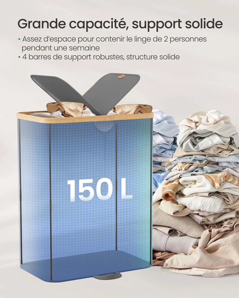 Cesto portabiancheria a 2 scomparti 150 litri contenitore per biancheria sporca con coperchio e sacchetti rimovibili per lavanderia camera da letto soggiorno grigio 12_0006663