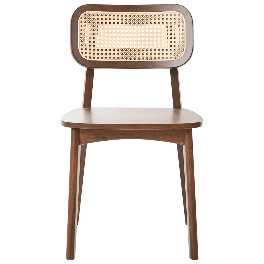 Set di 2 sedie da pranzo con struttura in legno di gomma marrone e schienale in rattan marrone chiaro senza braccioli design retrò