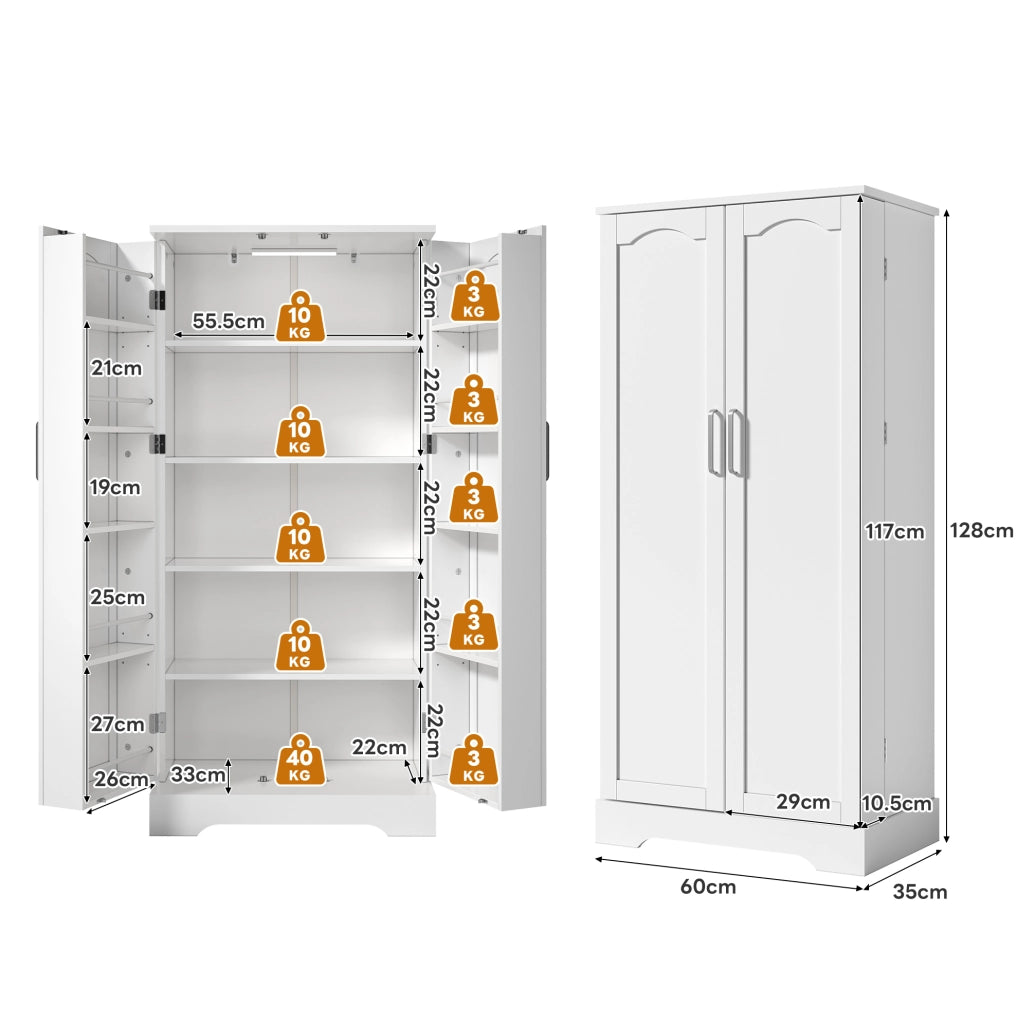 Mobile da cucina multifunzione bianco 60×35×128 cm con ripiani regolabili e luce LED sensore