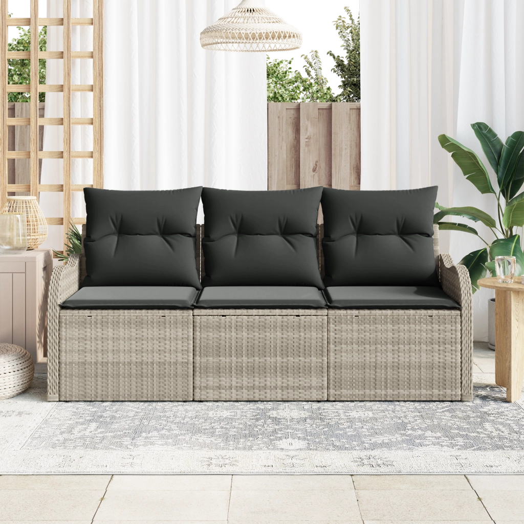 Set Divano da Giardino da 3 Pezzi con Cuscini Grigio Chiaro Polyrattan