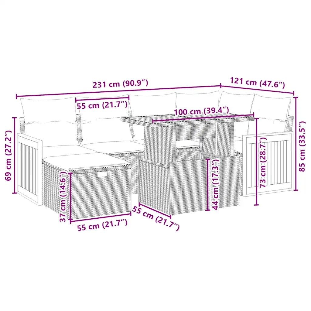 Set Divani da Giardino 7 pz con Cuscini Beige in Polyrattan
