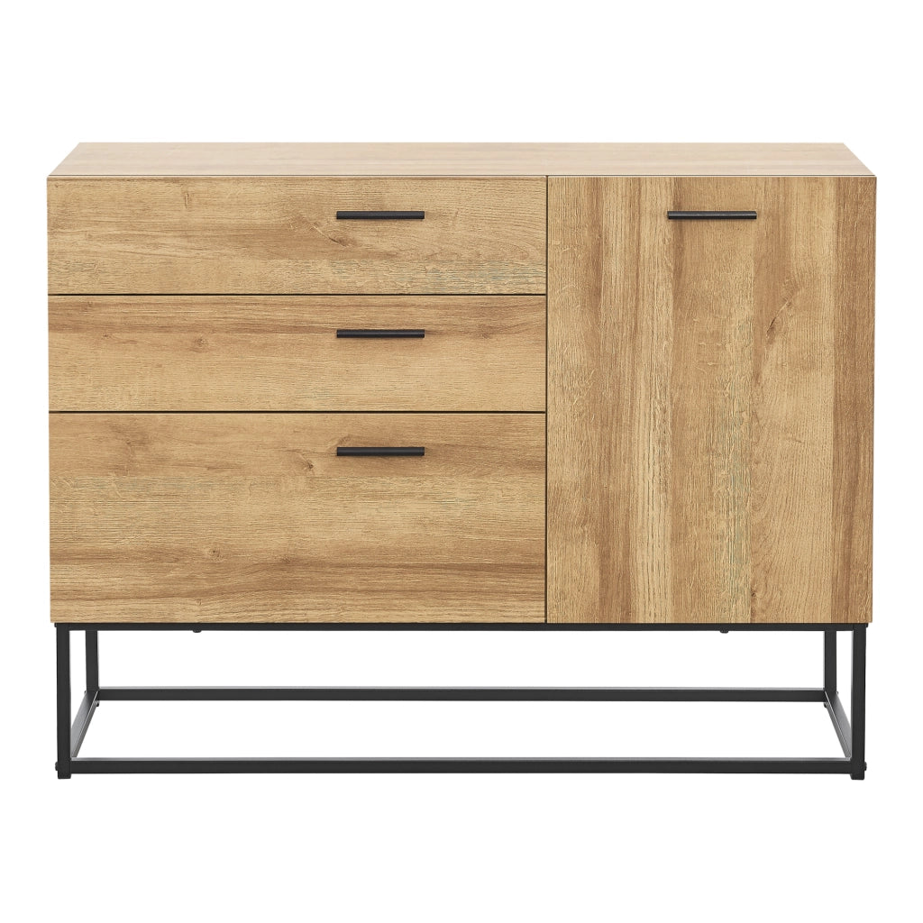 Comò Lavangen con Anta e 3 Cassetti 75 x 100 x 35 cm Nero / Effetto Rovere [en.casa]