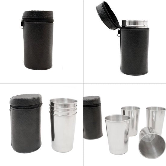 Set di 4 tazze in acciaio inossidabile - resistenti all'urto - in borsa di pelle