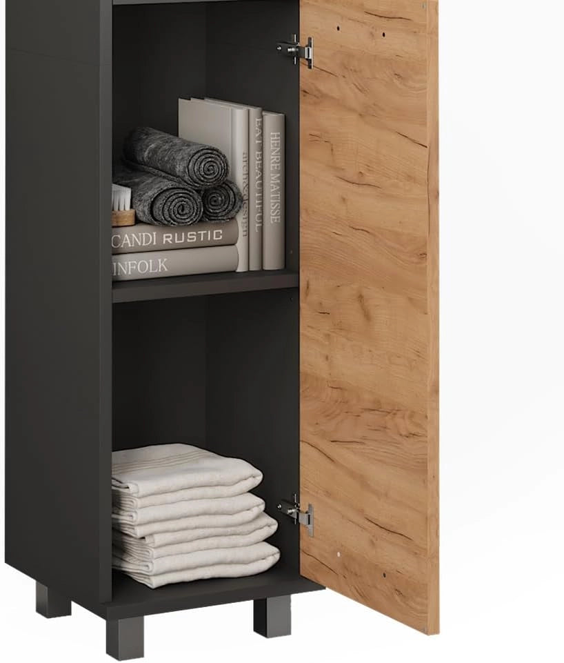Mobile alto Ilias, Antracite/quercia dorata, 30.2 x 190 cm con 2 porte, per la conservazione di articoli da bagno e prodotti per la cura personale