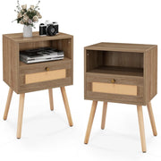 Set di 2 comodini, comodino con cassetto in rattan e vano aperto, tavolino laterale con gambe in pino, comodino per camera da letto, soggiorno, 40 x 30 x 60,5 cm