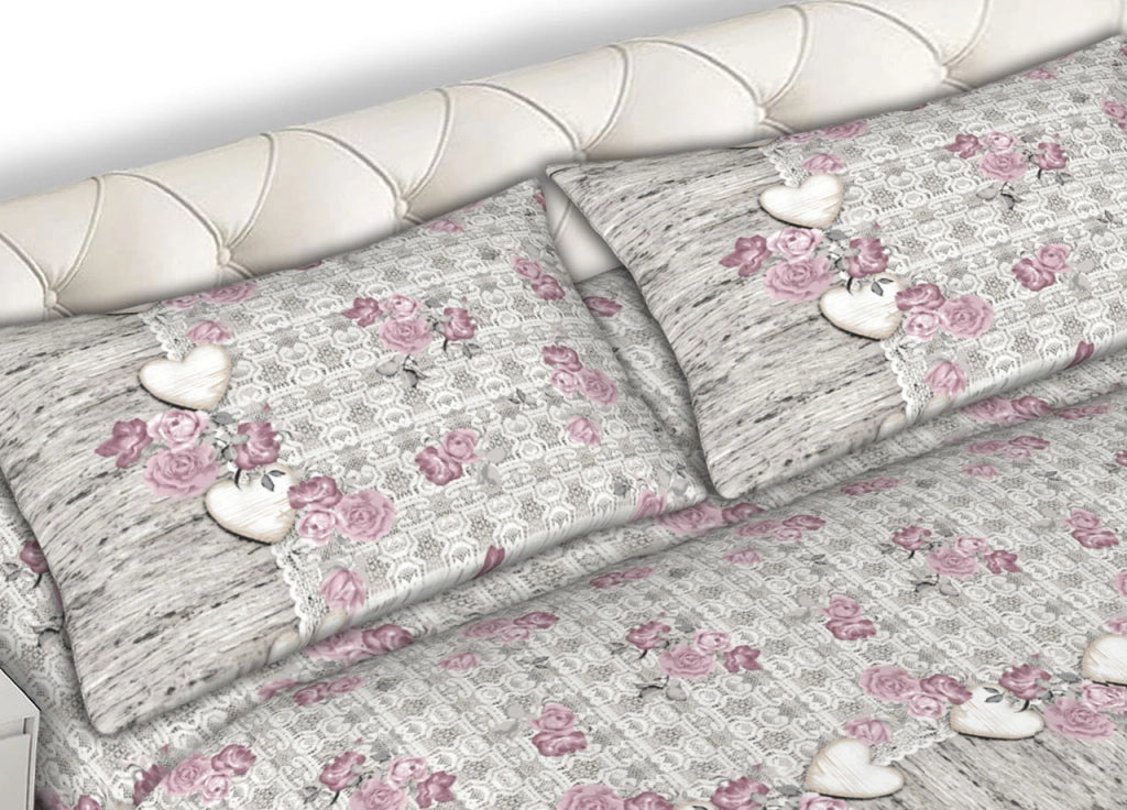 Completo Lenzuola Letto Matrimoniale 100% Cotone Made Italy Dis. Lara CN - 2 Piazze - Rosa
