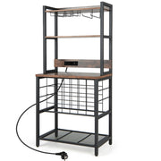 Mobile bar vino con 4 ripiani porta calici porte USB prese struttura in metallo, Portabottiglie industriale Marrone