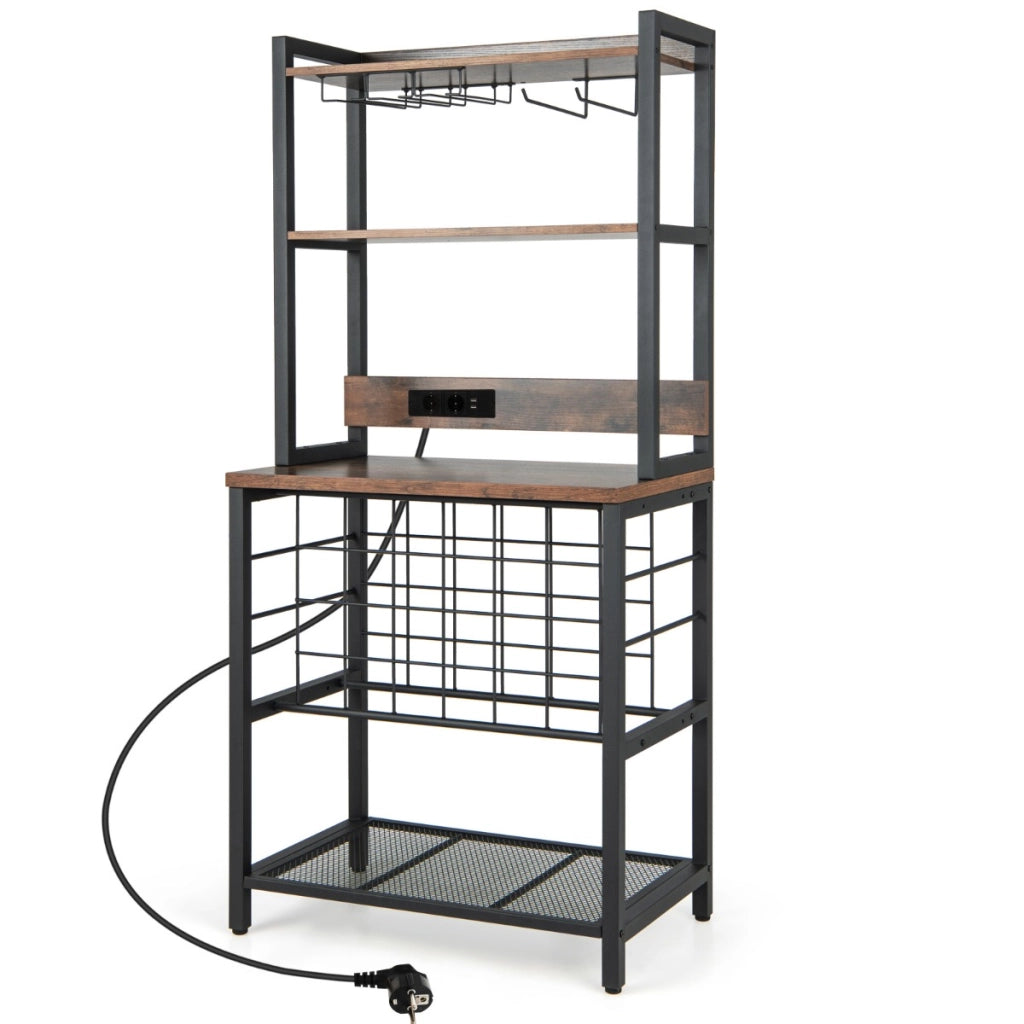 Mobile bar vino con 4 ripiani porta calici porte USB prese struttura in metallo, Portabottiglie industriale Marrone