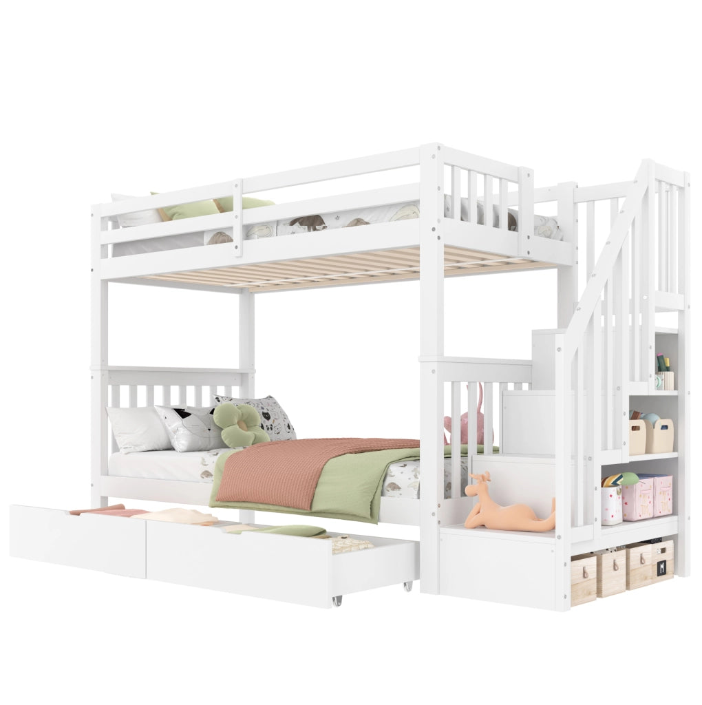 Letto a castello 90x200 cm con scala contenitore e due cassetti in legno di pino e MDF bianco
