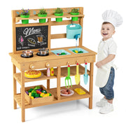 Cucina in legno per bambini con rubinetto lavandini rimovibili lavagna fornelli-Cucina da gioco all'aperto manopole vasi fiori accessori 3+ anni