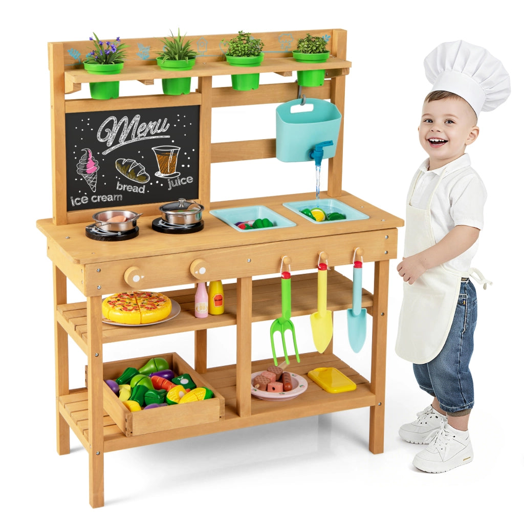 Cucina in legno per bambini con rubinetto lavandini rimovibili lavagna fornelli-Cucina da gioco all'aperto manopole vasi fiori accessori 3+ anni
