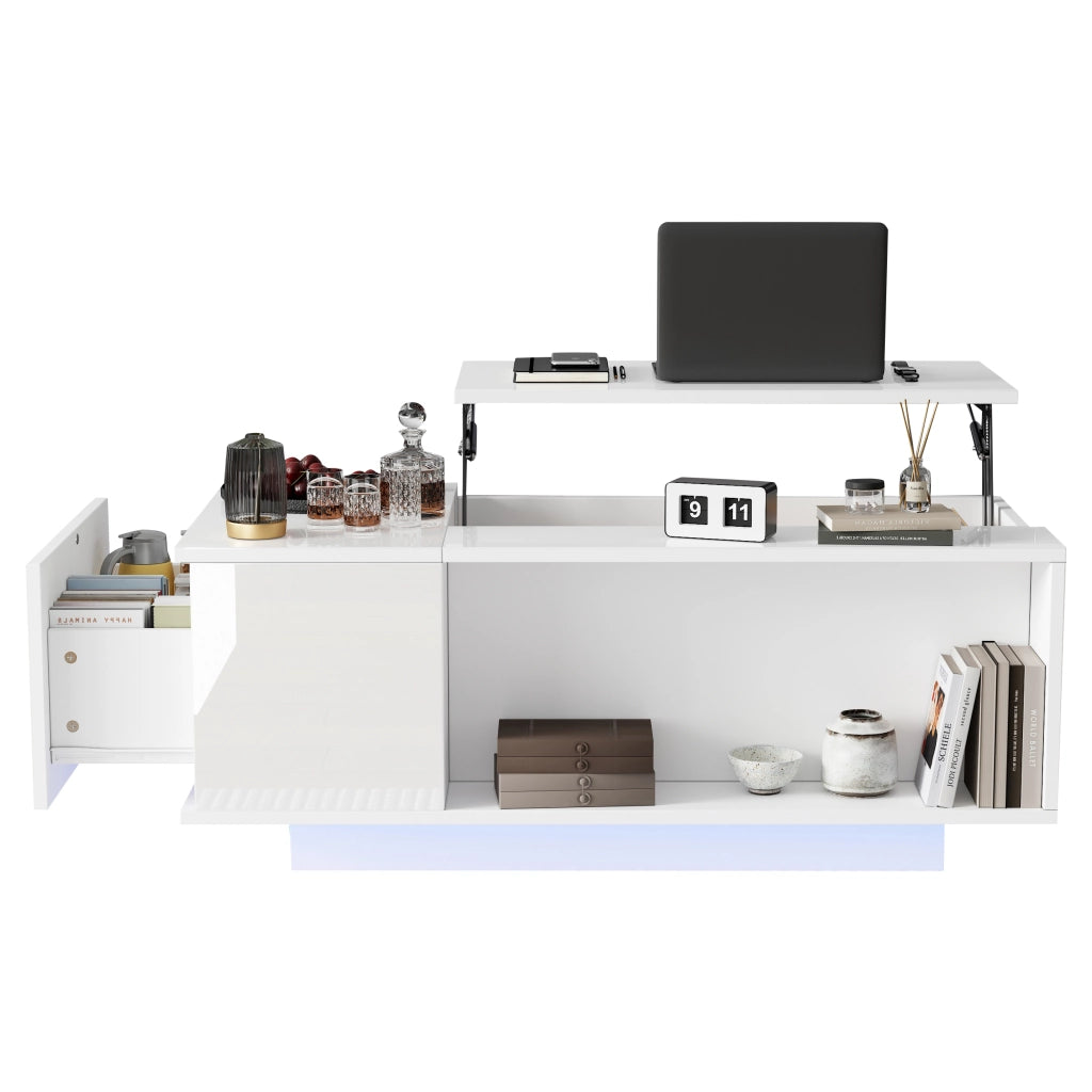 Tavolino da caff¨¨ 100x50x40 cm con piano sollevabile, vano nascosto, cassetto laterale e luce LED Bluetooth, bianco