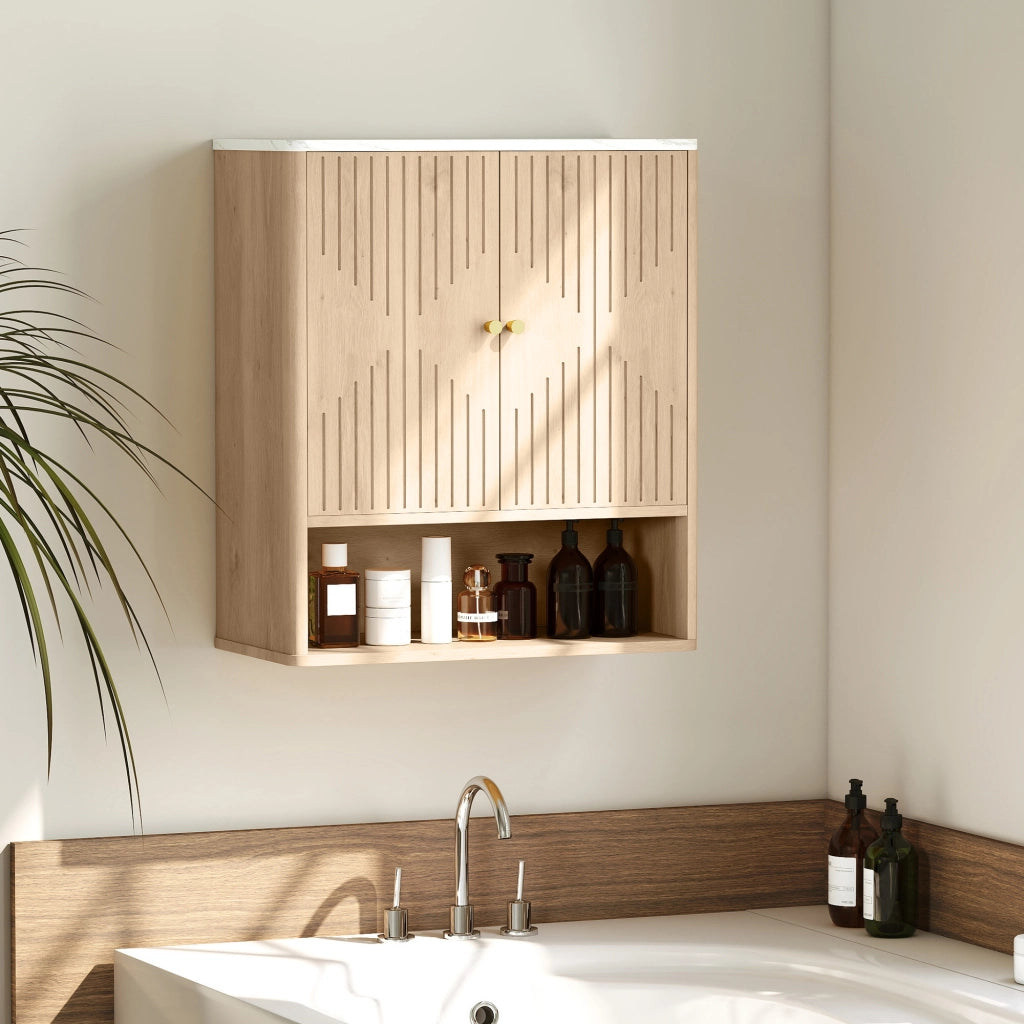 Mobile Bagno a Parete ¨C Xylo ¨C Rovere con Ripiano e Ante Decorate, Piano Effetto Marmo, 60x18x70 cm