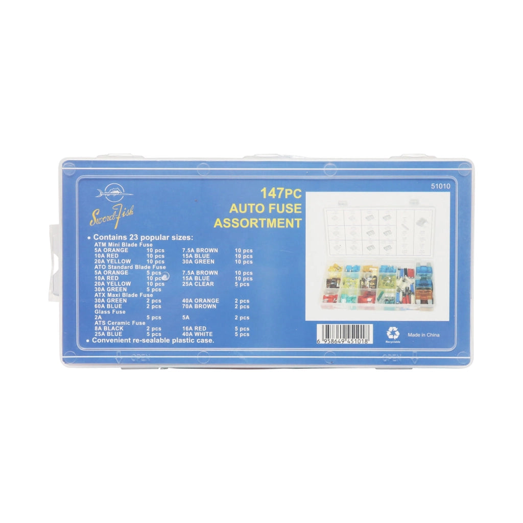 Set di 147 fusibili elettrici auto piatti e cilindrici.