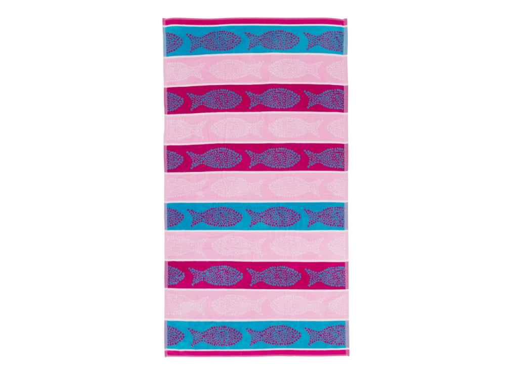 Telo Mare Jacquard Spugna Asciugamano Spiaggia Disegno Fish Pois - Telo Mare - Beige-Fucsia