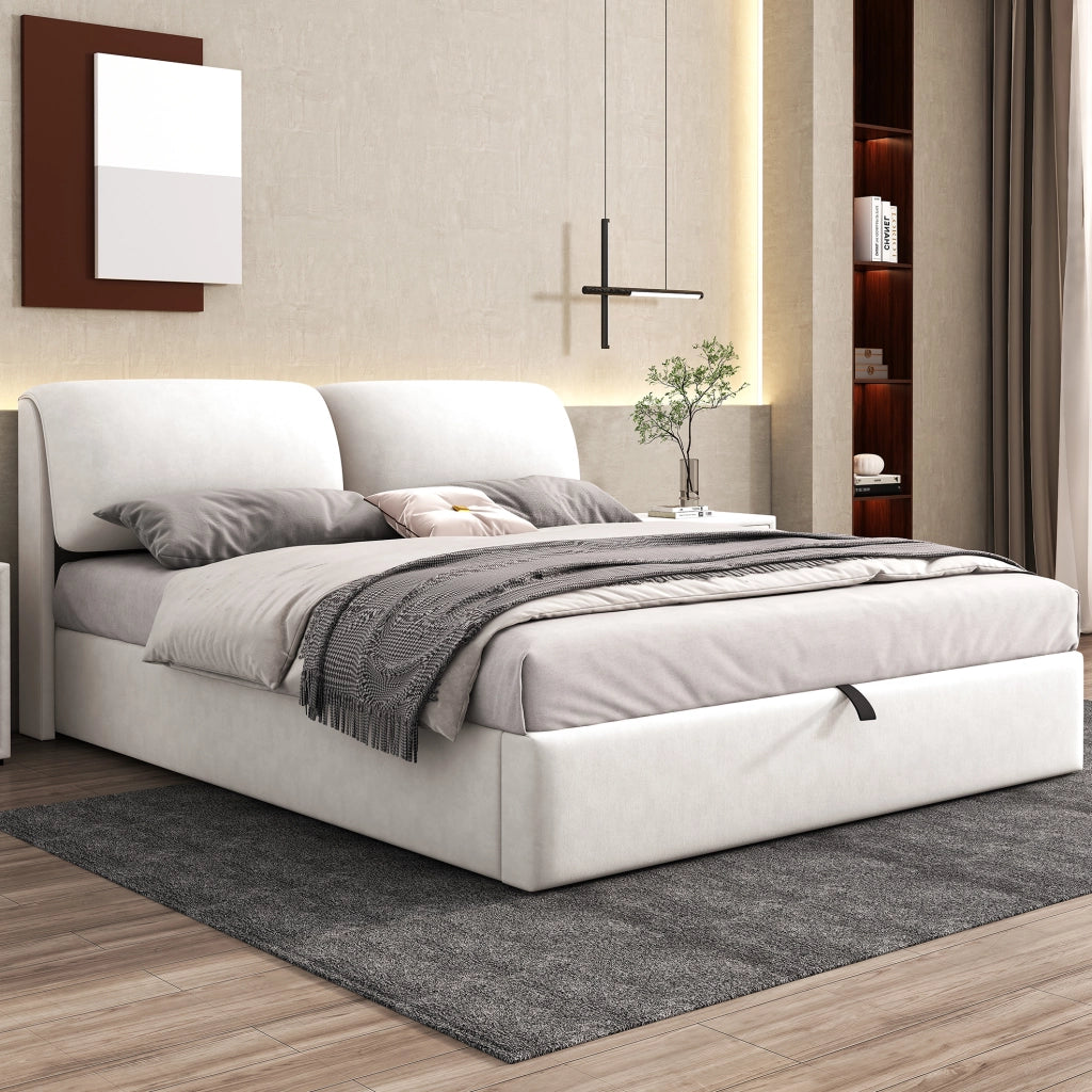 Letto imbottito matrimoniale 180x200 cm in velluto beige con contenitore; 3 cassetti e testiera