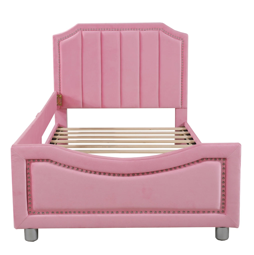 Letto per bambini imbottito 90x200 cm in flanella con schienale e braccioli, letto multifunzionale rosa