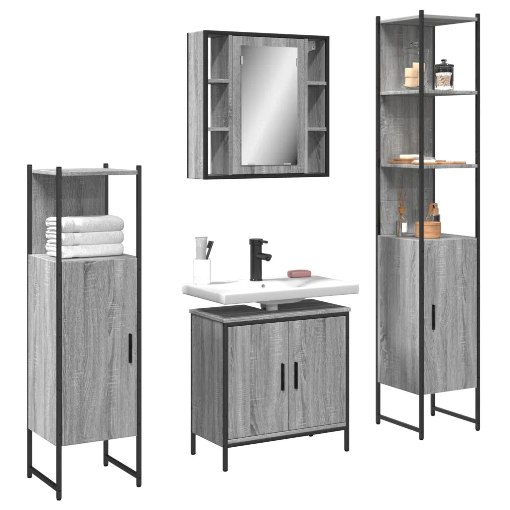 Set Mobili da Bagno | Armadio da bagno 4 pz Grigio Sonoma in Legno Multistrato