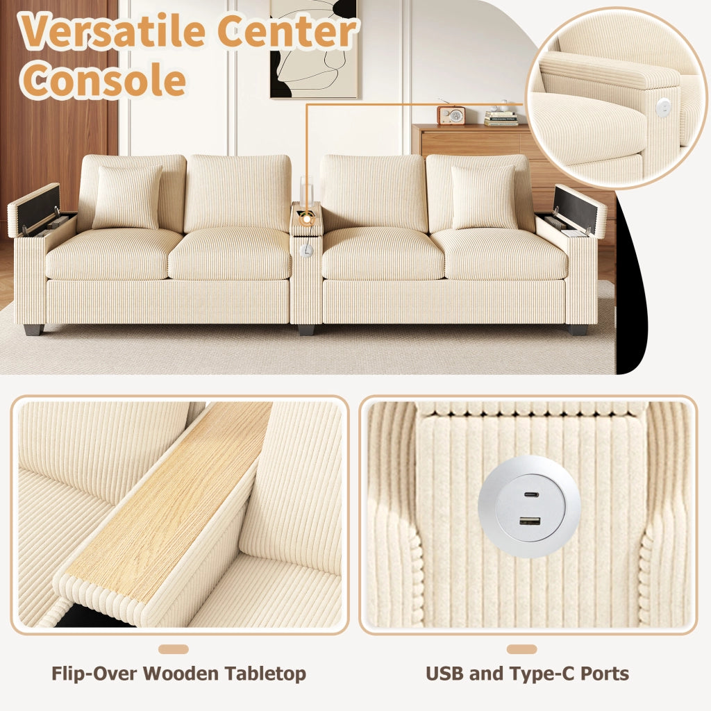 Divano 4 posti in velluto a coste con USB e USB-C bracciolo pieghevole vano contenitore beige 299 × 80 × 82,7 cm
