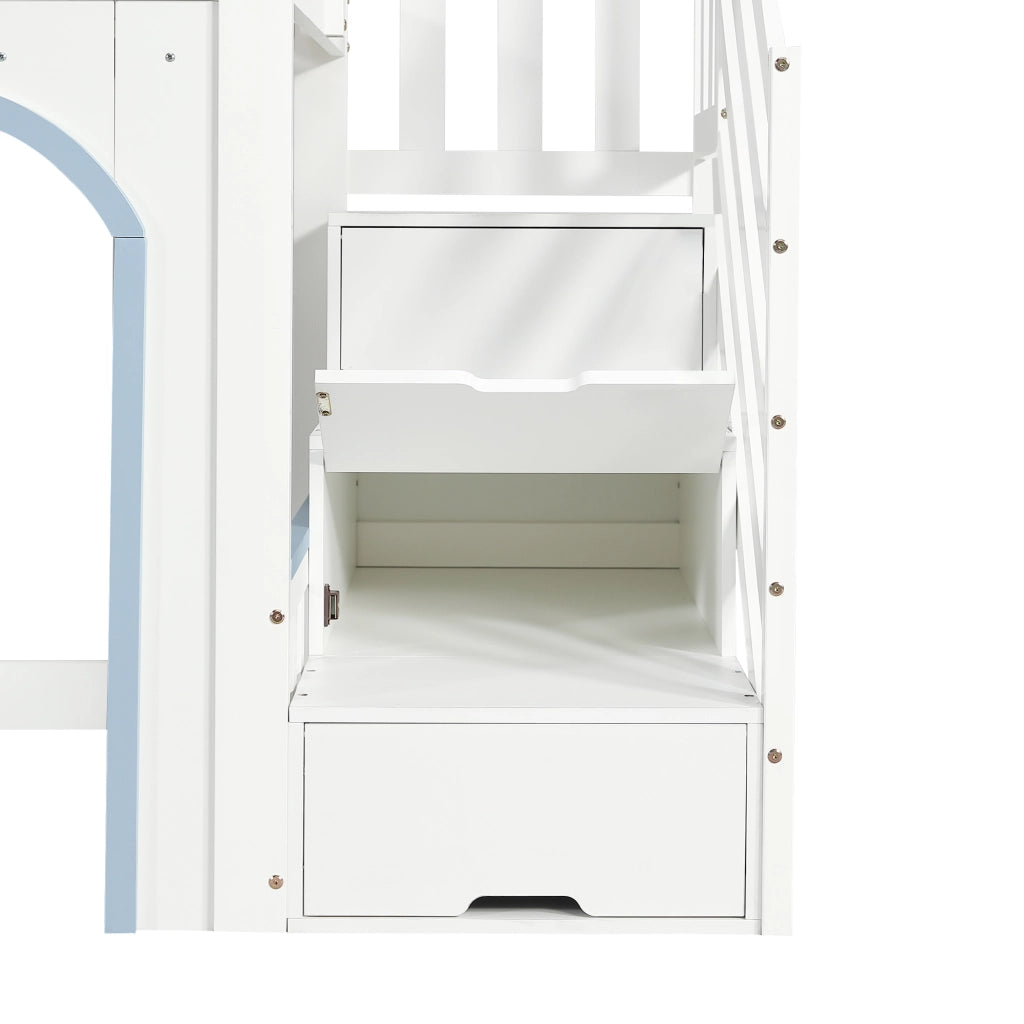 Letto a Castello 90 x 200 cm - Scala con Contenitore; Sponde e Spazio Sottoletto - Bianco e Blu