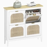 Mobile Scarpiera per 20 Paia di Scarpe con 4 Cassetti Ribaltabili in Legno e Rattan, 105x24x95,5 cm, Bianco