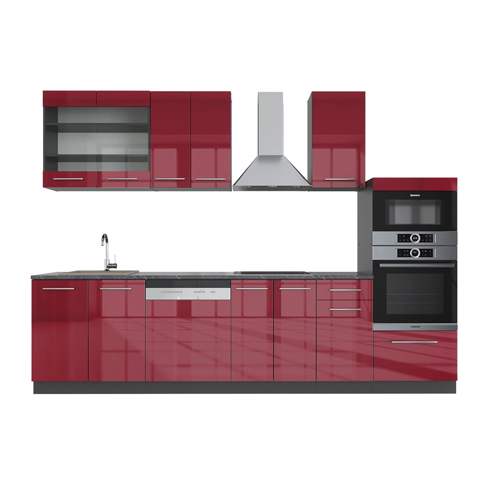 Vicco Cucina componibile Bordeaux lucido/antracite 300 cm con armadio alto, senza piano di lavoro