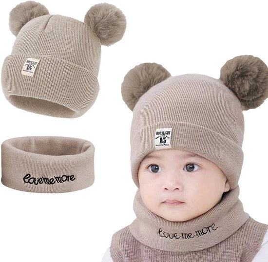 Set di sciarpe per bambini - Protezione invernale per 0-24 mesi - Cappello con pompon - Tela di cotone soffice - Stoffa elastico - Protezione contro il vento - Cappello per bambino