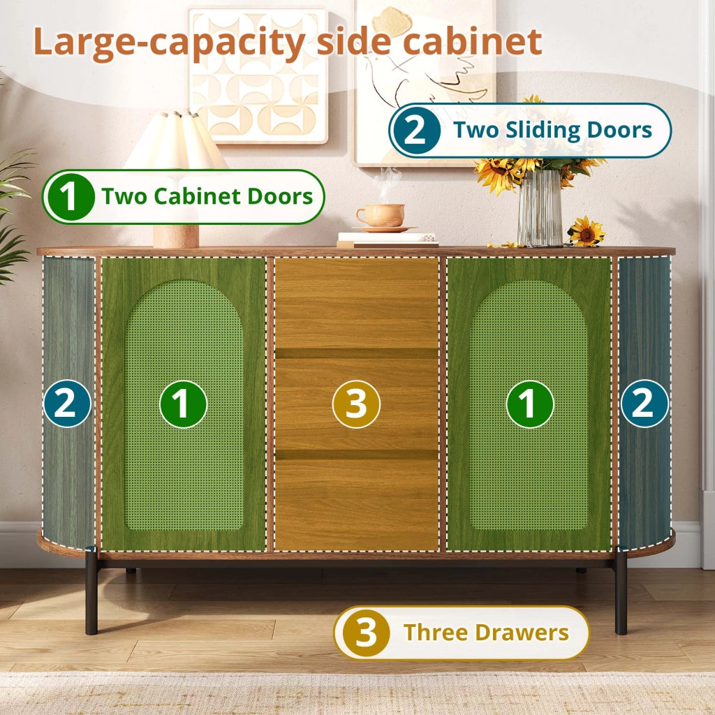 Credenza ovale con ante scorrevoli, 3 cassetti e ripiani regolabili per soggiorno, in MDF, noce, 140 × 38 × 77,5 cm