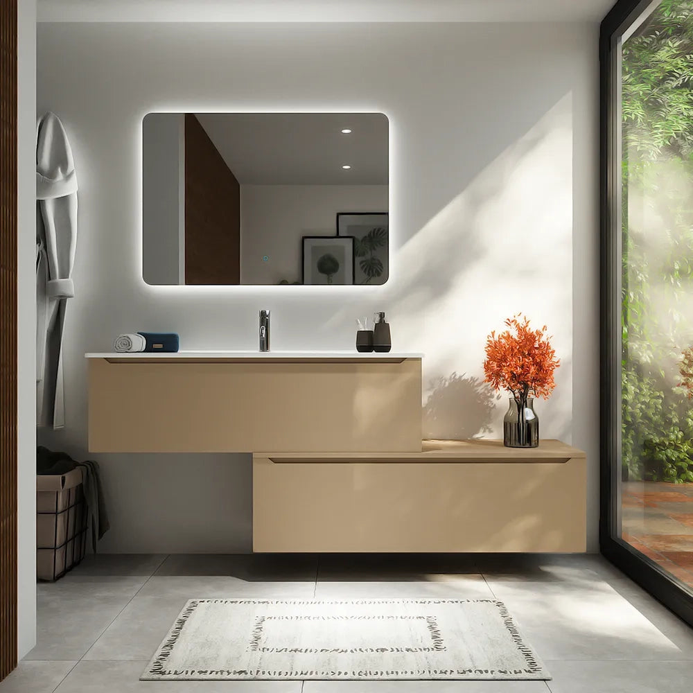 Mobile bagno sospeso modulare 90 cm sabbia opaco due cassetti con lavabo | Bako