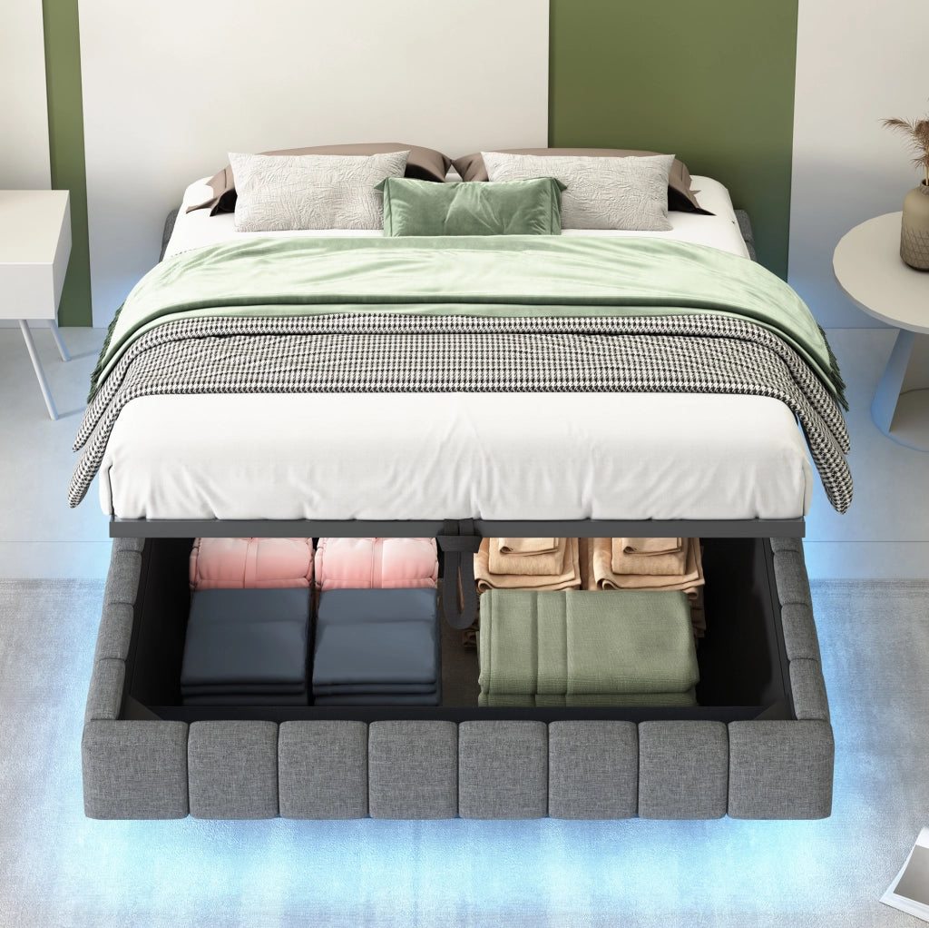 Letto imbottito flottante 140x200 cm con contenitore; LED a luce variabile; grigio