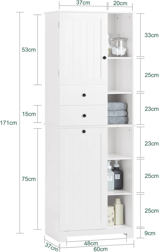 Mobile Bagno con Cesto per Linge Mobile Rangemento Alto Armadio Bagno con 6 Ripiani e 2 Cassetti Mobiletto Salvaspazio Bianco 60x37x171 cm BZR104-W
