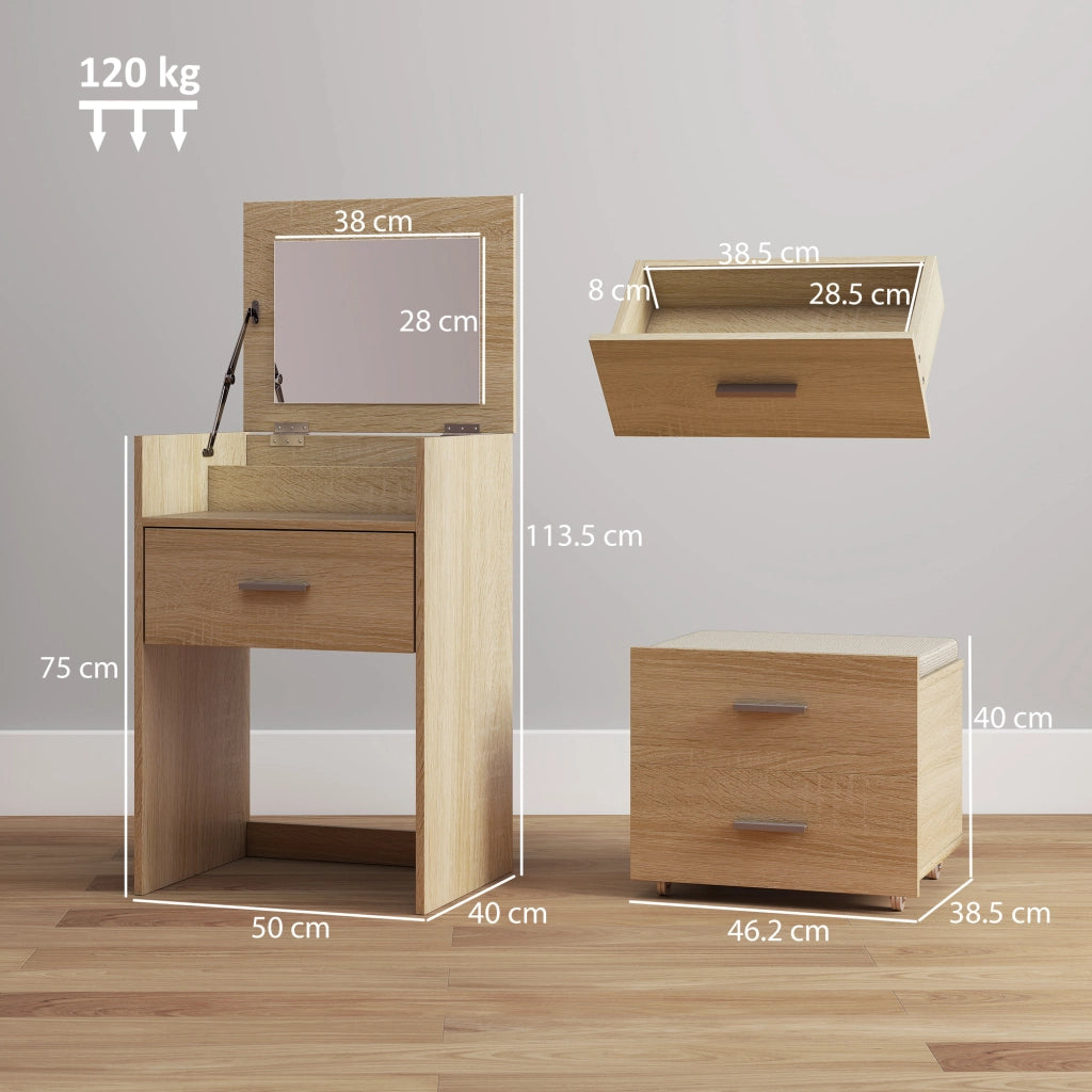Tavolo Trucco Toeletta 50x40x113,5 cm con Specchio a Ribalta e Sgabello a Scomparsa in Legno Naturale