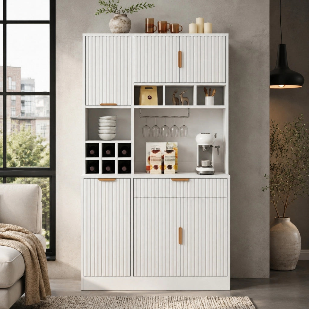 Credenza alta bianca 100x40x175 cm con prese e portavino