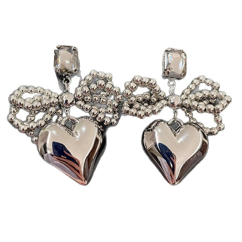 Orecchini a lobo in cristallo di alta gamma in stile francese, eleganti e alla moda, con fiocco quadrato di perline di diamanti e ciondolo a cuore.