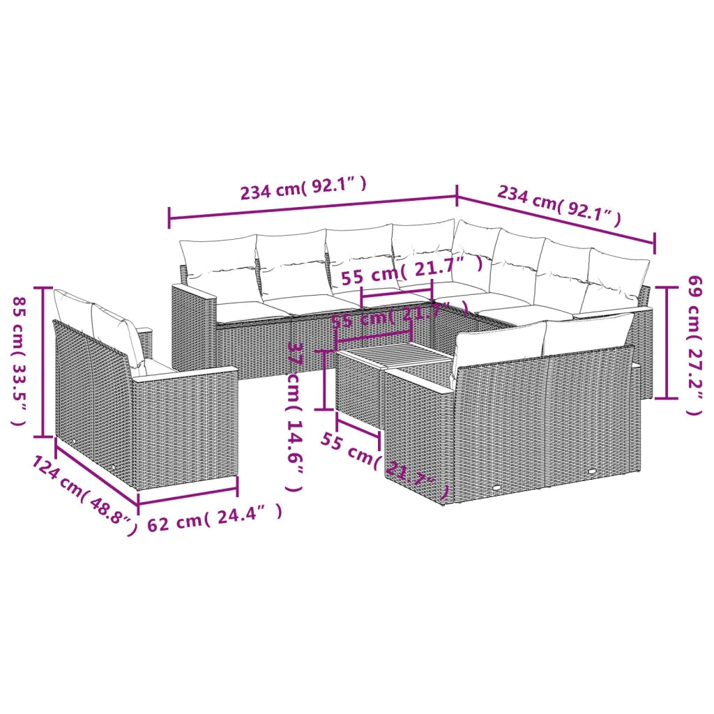 Set Divani da Giardino 12 pz con Cuscini Beige in Polyrattan