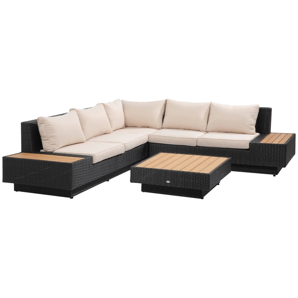 Set da giardino per 4 persone con scaffali e tavolino cuscino nero ideale per terrazza e balcone
