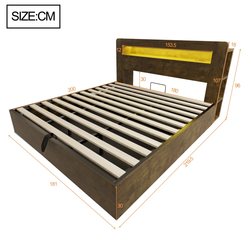 Letto Contenitore Letto Matrimoniale 180x200 cm; LED; Prese e Mensole in Legno