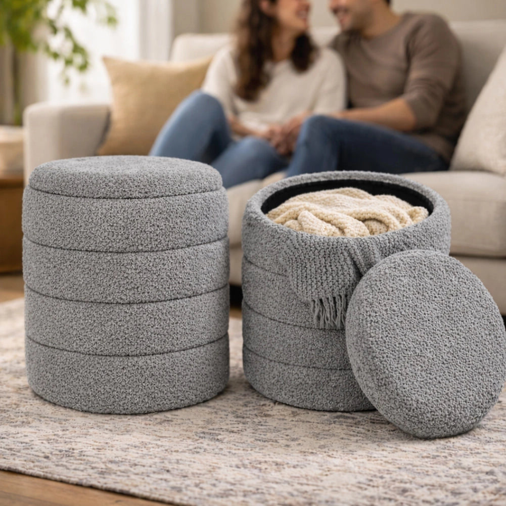 Set 2 Pouf Contenitori Rivestimento Bounclè Grigio Seduta Imbottita Ergonomica