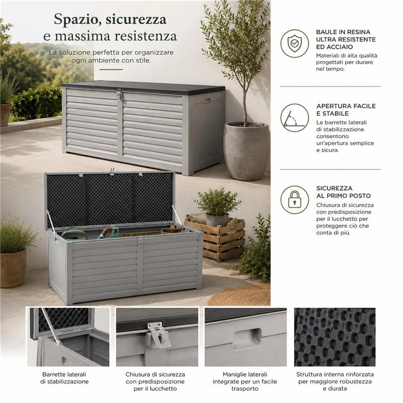 BAULE DA ESTERNO CASSAPANCA BOX CONTENITORE PORTAOGGETTI PER GIARDINO 390 LT