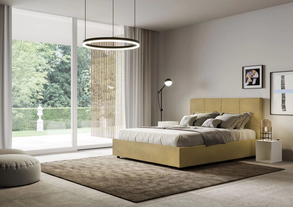 Letto Matrimoniale 160x210 cm con Rete e Contenitore Giroletto con Alzata Comoda Imbottito in Microfibra Mika Ocra