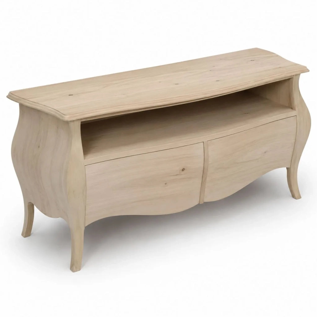 Porta tv  classico in legno bombato 2 cassetti grezzo l.141 p.45 h.62 (3267) - Mobili 2G